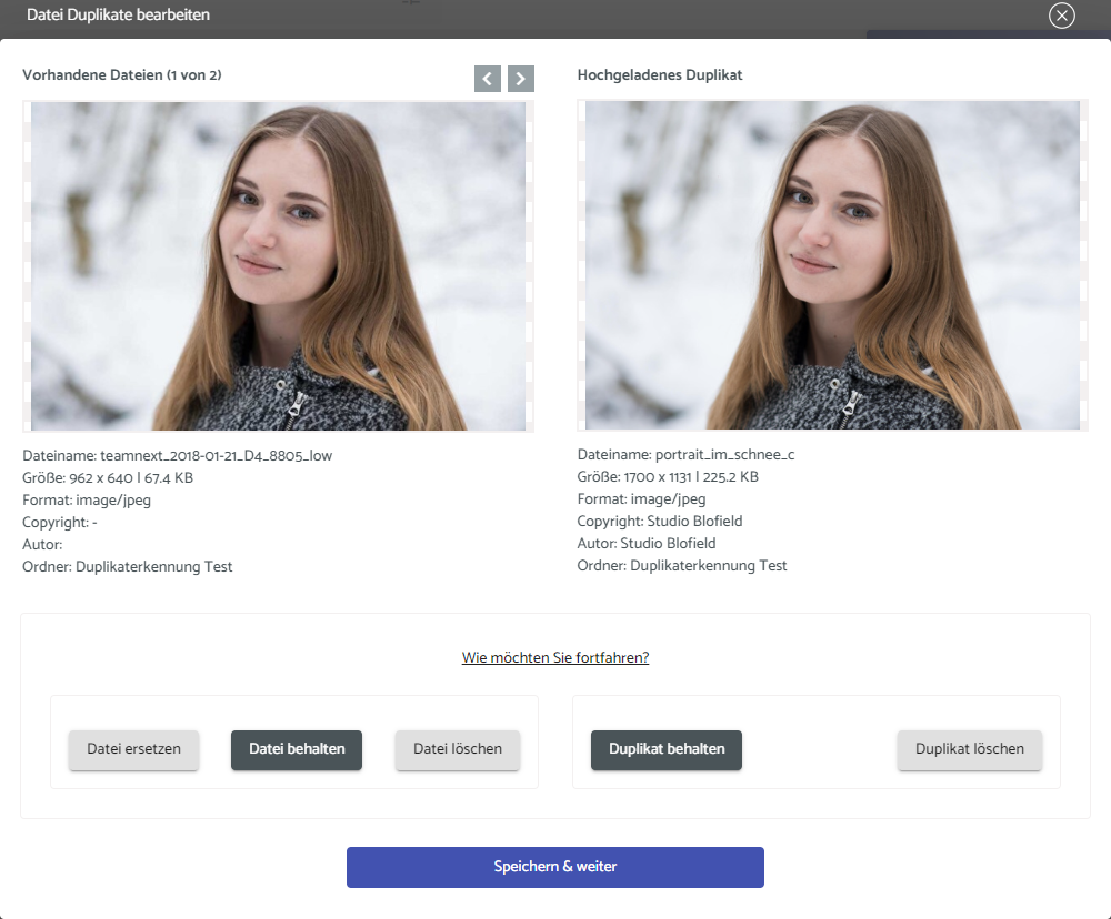 Screenshot automatische Duplikaterkennung: visuelle Gegenüberstellung bei mehreren vorhandenen Versionen