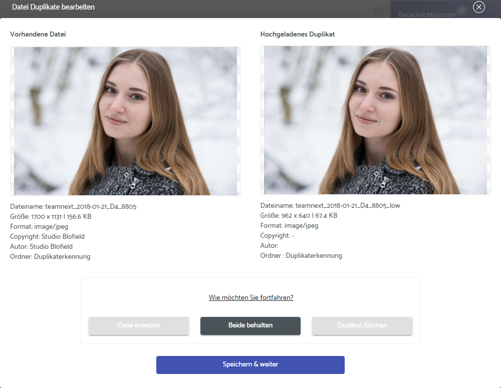Screenshot automatische Duplikaterkennung: visuelle Gegenüberstellung