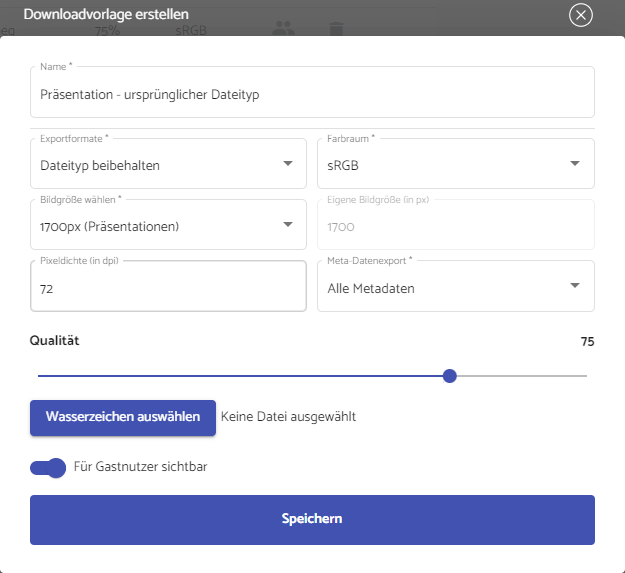 Screenshot: Downloadvorlagen - Exportformate: Dateityp beibehalten