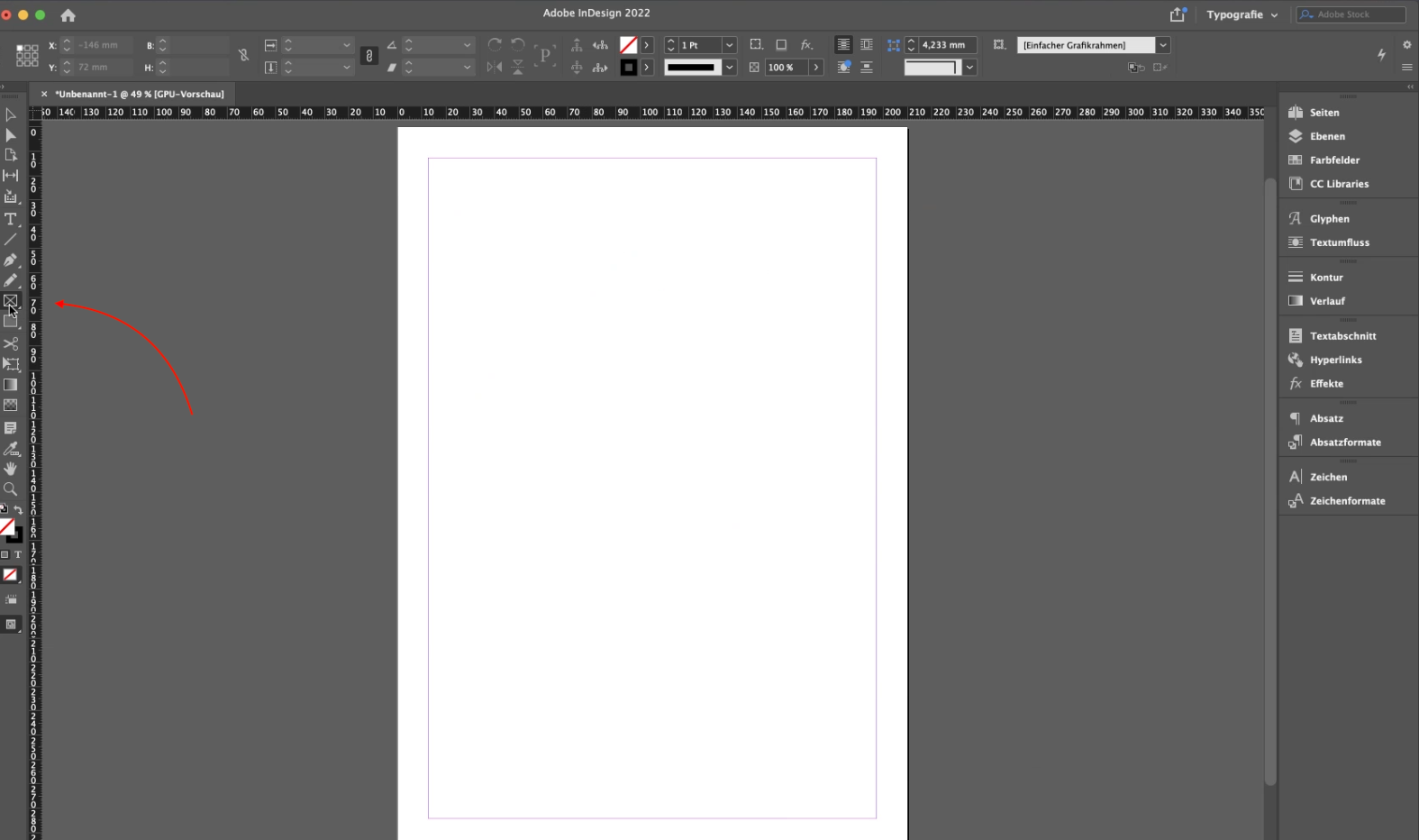 Screenshot Adobe InDesign - Werkzeugleiste Rechteckrahmen wählen