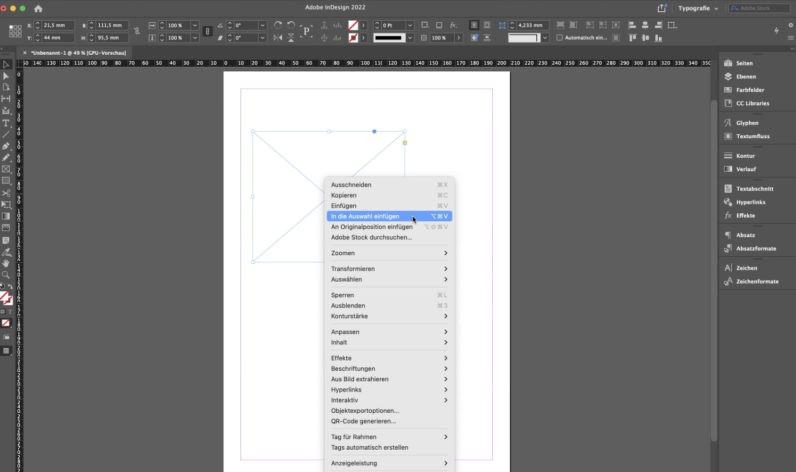 Screenshot Adobe InDesign - In die Auswahl einfügen