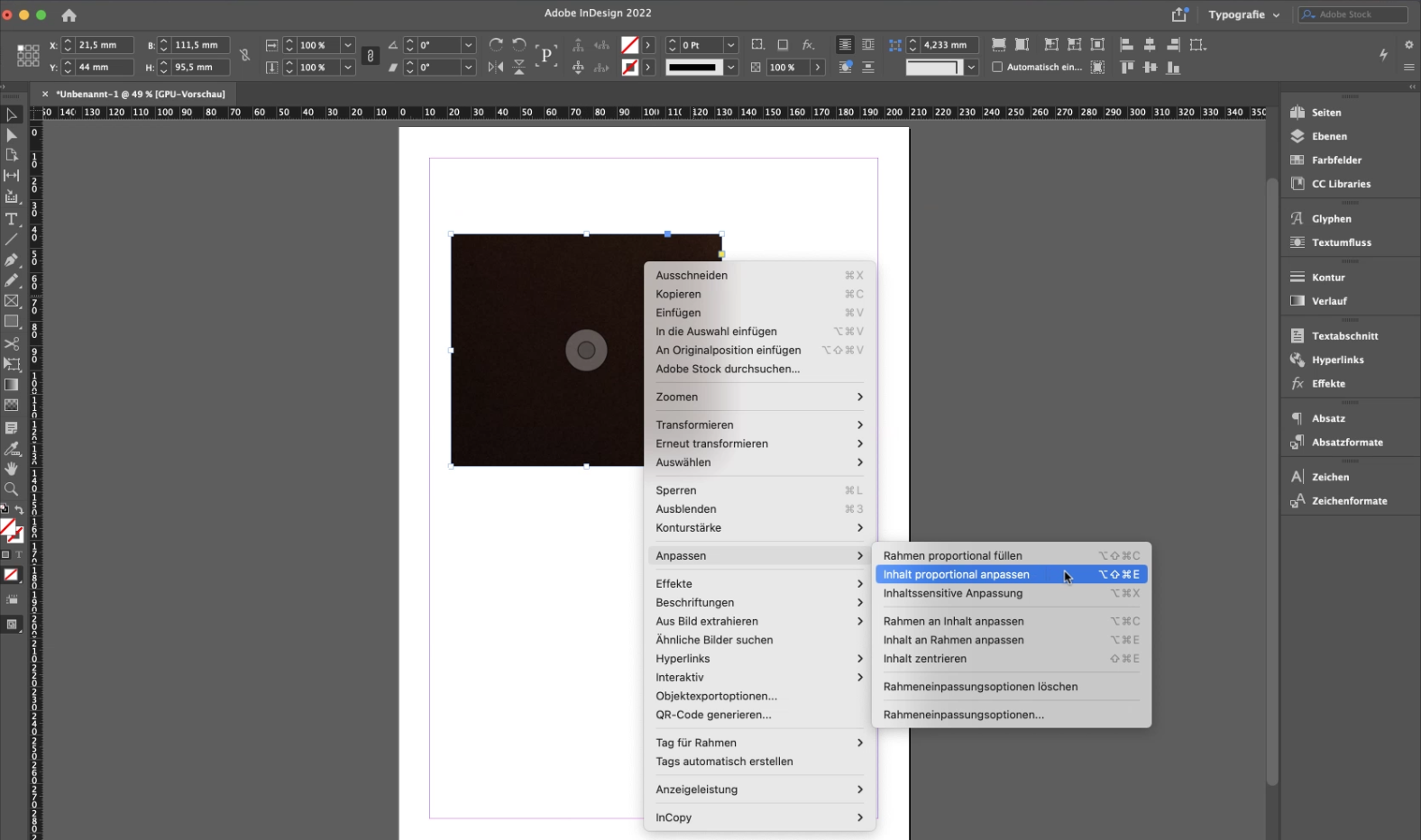 Screenshot Adobe InDesign - Inhalt proportional anpassen