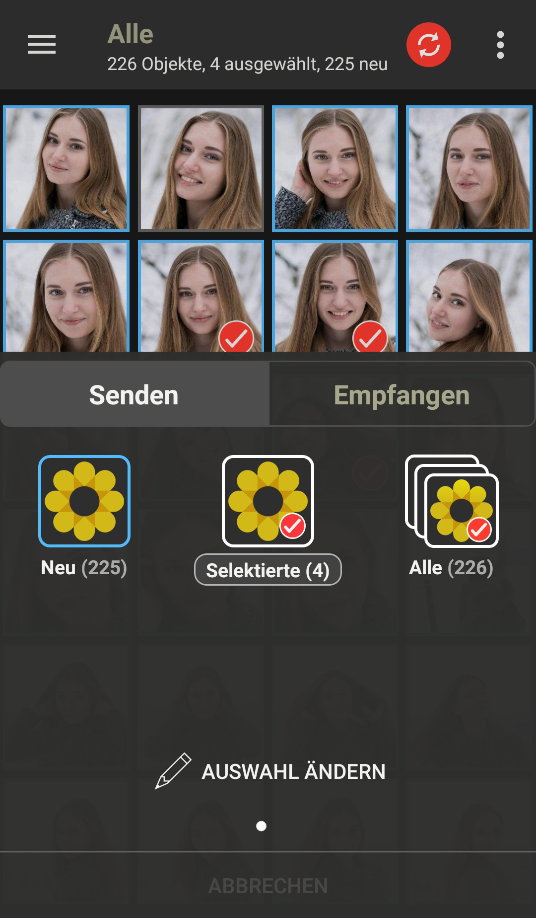 Screenshot aus der Smartphone-App PhotoSync zum Hochladen von Bildern in den Media Hub per SFTP-Verbindung