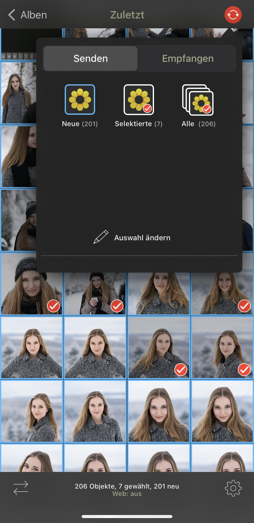 Screenshot aus der iOS-App PhotoSync zum Hochladen von Bildern in den Media Hub per SFTP-Verbindung