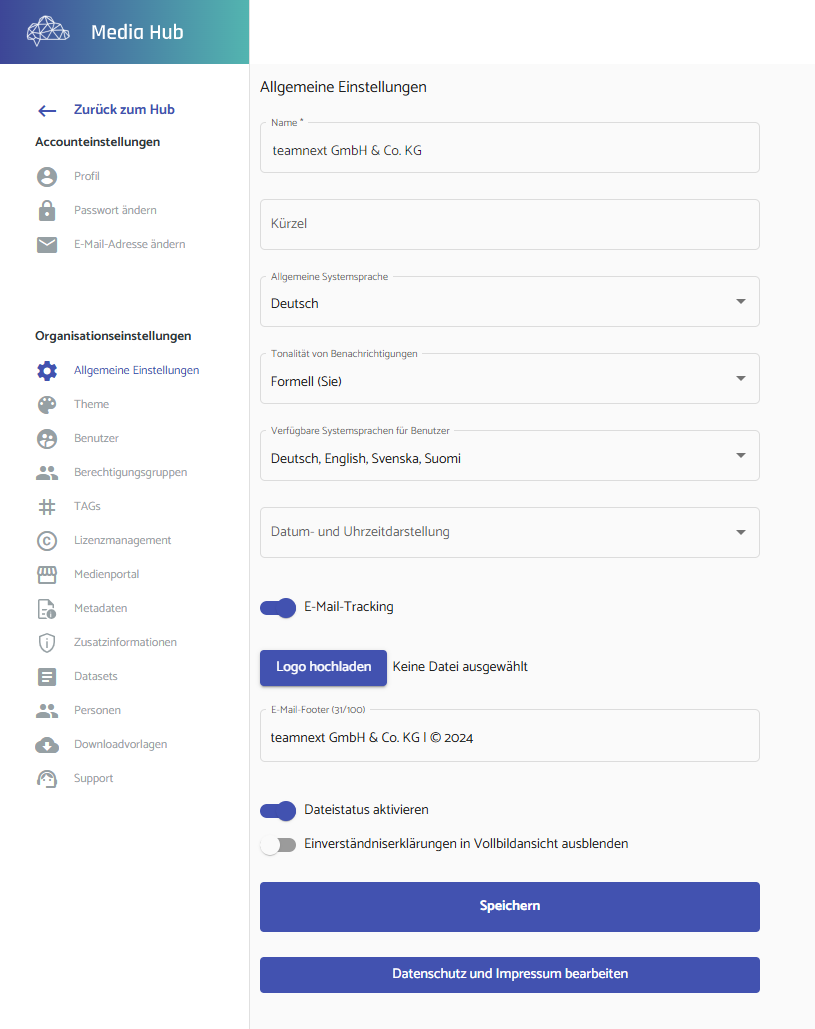 Screenshot: Impressum und Datenschutzangaben bearbeiten in der Bildverwaltung von teamnext