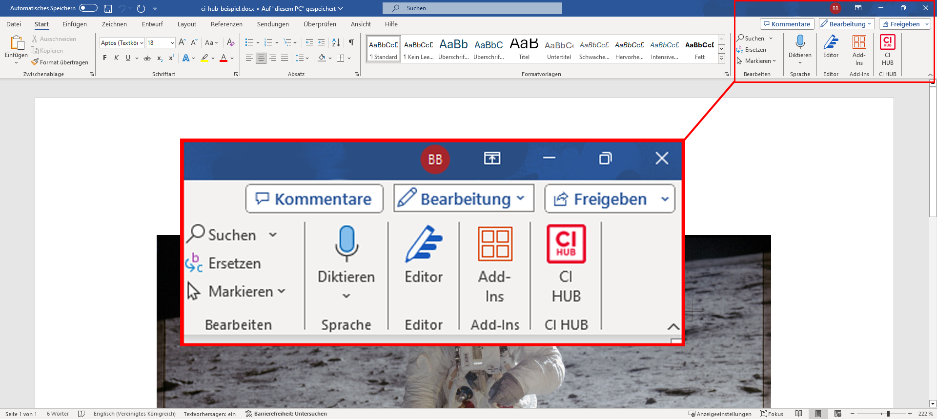 Screenshot CI HUB Plugin in Microsoft Word
