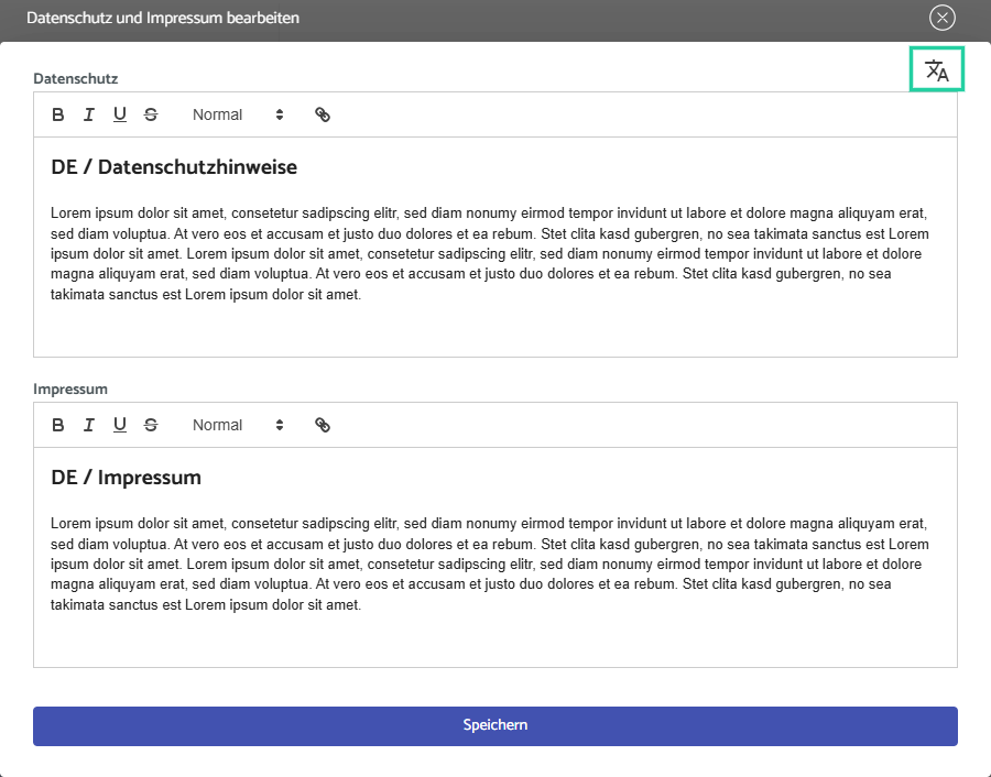 Screenshot: Impressum und Datenschutzangaben mit Rich-Text-Editor bearbeiten
