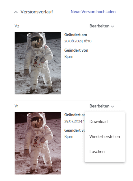 Screenshot Versionsverlauf im Media Hub Backend
