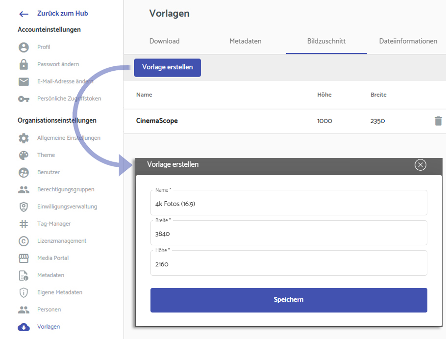 Screenshot: Vorlagen für Bildzuschnitt erstellen im Media Hub Backend