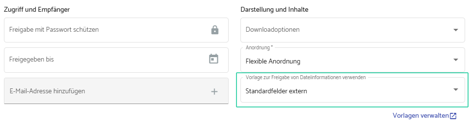 Screenshot: Verwendung von Vorlage zur Freigabe von Dateiinformationen